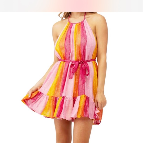 Sundress Vibrant Pink and Orange Halter Dress - Picture 1 of 8